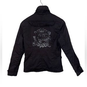 GINGER Black Cotton Utility Jacket Graphic Back Military Style Size M